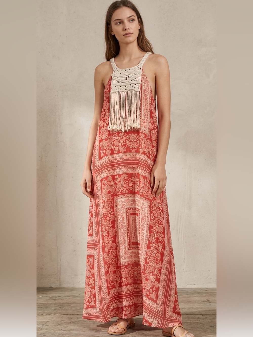 Zara Womens Printed Maxi Dress Front Fringe Cream Orange Red Crochet Size XS-S